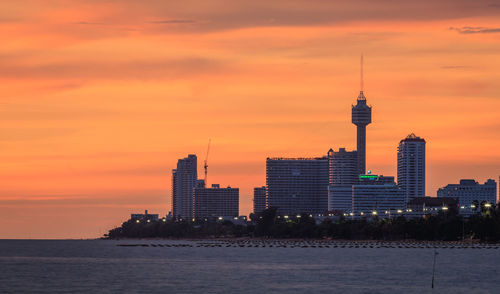 View of buildings against cloudy sky during sunset