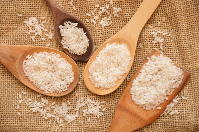 Close-up of raw rice in wooden spoons on jute