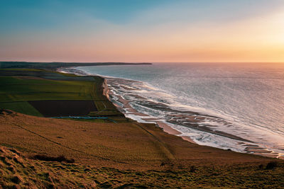 Elevated view from cap blanc nez towards cap gris-nez at the french coast just prior to sunset