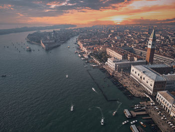 High angle view of city at riverbank