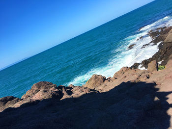 Scenic view of sea against clear blue sky