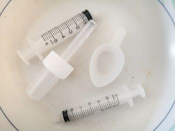 High angle view of text on white table