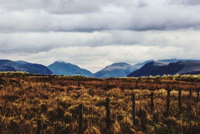 Scenic view of field and mountains against sky