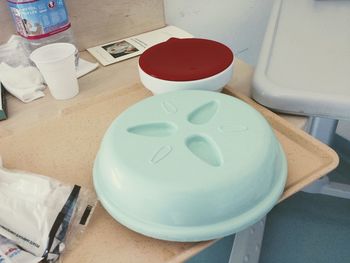 High angle view of coffee cup on table