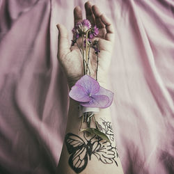 Close-up of hand holding purple flower