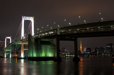 Suspension bridge over river at night