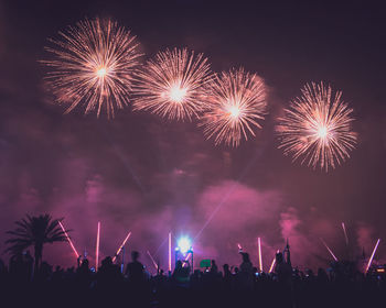 People watching firework display in sky at night