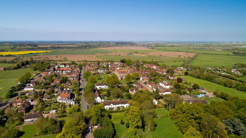 High angle view of trees on field against sky