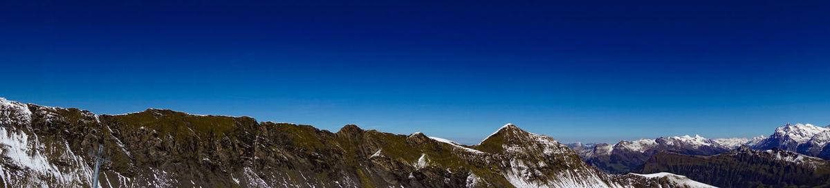 Panoramic view of snowcapped mountains against clear blue sky