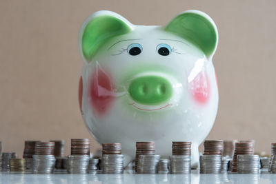 Close-up of coins on table