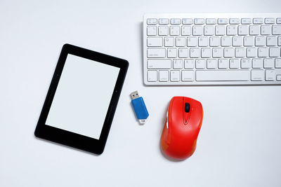 High angle view of smart phone on table