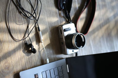 High angle view of camera on table