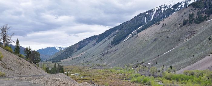 Scenic view of mountains against cloudy sky