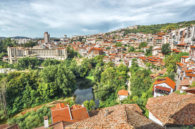 High angle view of townscape against sky