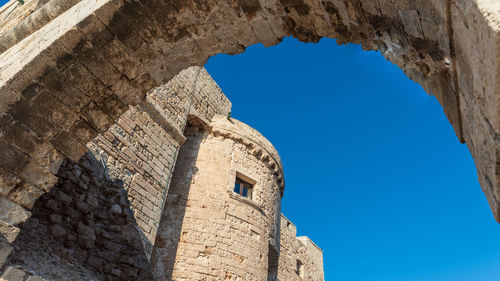 Low angle view of old ruin building against blue sky