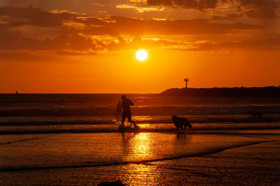 Silhouette people on beach against sky during sunset