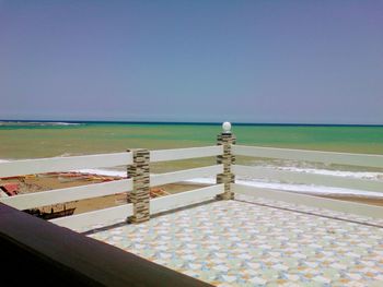 Scenic view of sea against clear blue sky