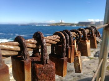 Close-up of railings against calm sea