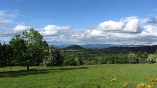 Scenic view of green landscape and mountains against sky