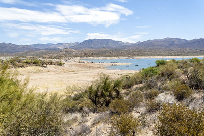 Scenic view of land and mountains against sky