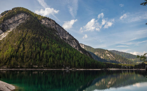 Scenic view of lake by mountain against sky