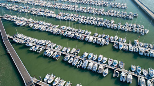 High angle view of boats moored in river