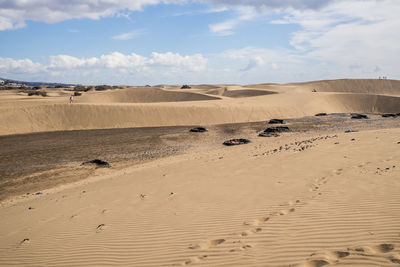 Sand dunes in desert against sky