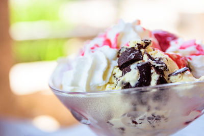 Close-up of ice cream in bowl on table