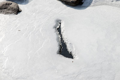 High angle view of footprints on snow