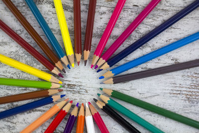 High angle view of multi colored pencils