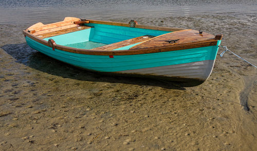 High angle view of boat moored on shore