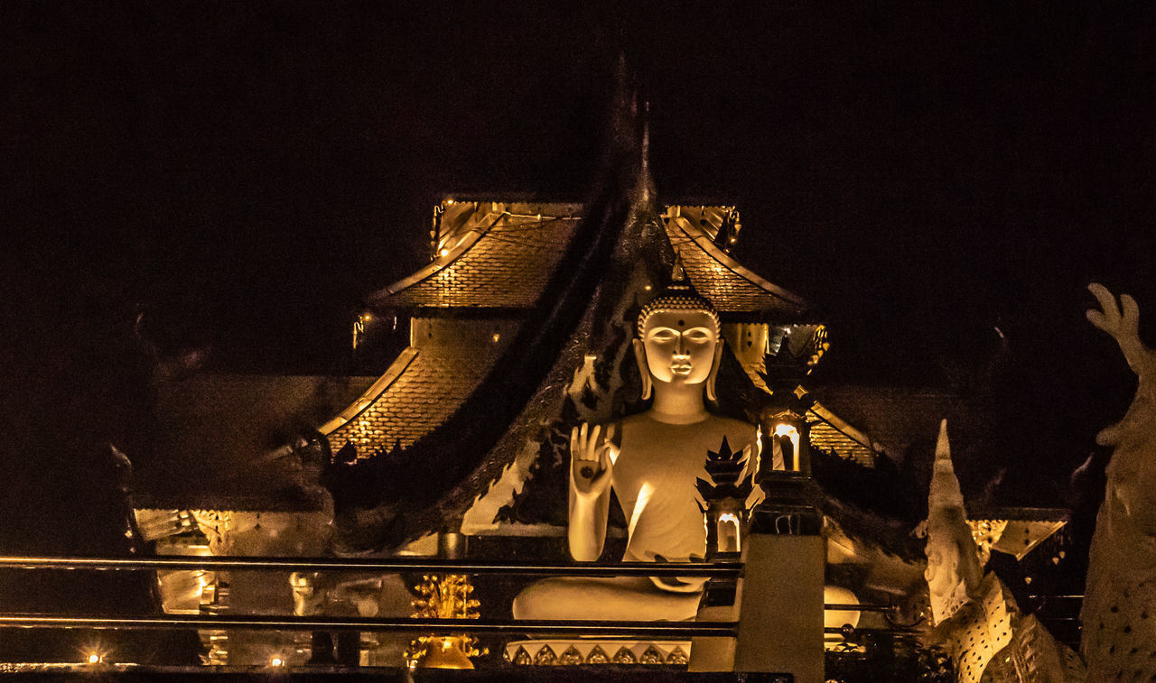 LOW ANGLE VIEW OF STATUE OF ILLUMINATED BUILDING