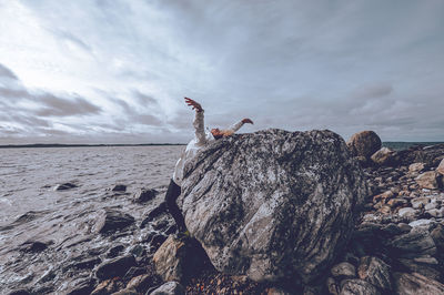 View of birds on rock by sea against sky