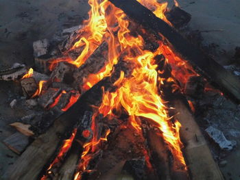 High angle view of bonfire at night