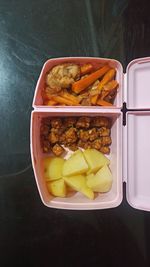 High angle view of food in plate on table