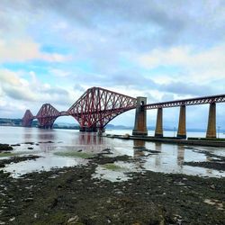 Bridge over calm river against cloudy sky