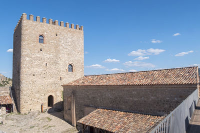 Low angle view of old building against clear blue sky