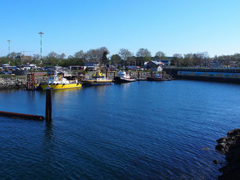 Calm sea against clear blue sky