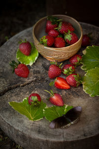 Close-up of strawberries in bowl on table