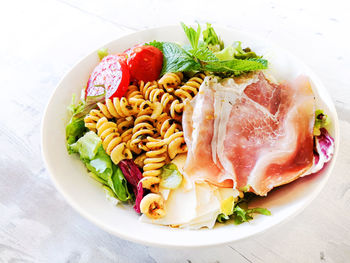 High angle view of breakfast served on table