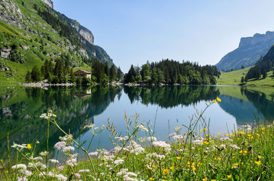 Scenic view of lake and mountains against sky