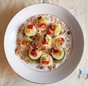 High angle view of breakfast served on table