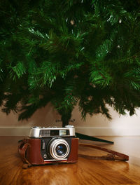 Vintage camera by christmas tree on floor