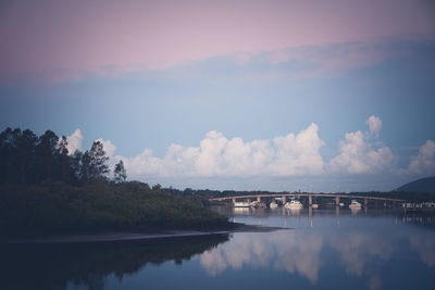 Scenic view of river against sky at sunset