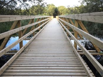 Footbridge amidst trees against sky