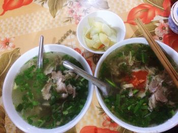 High angle view of soup served in bowl