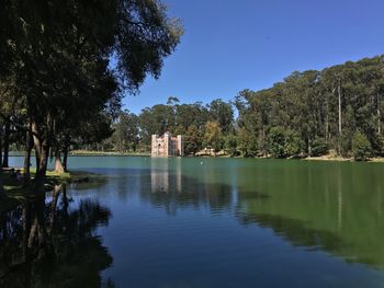 Reflection of trees in lake against blue sky