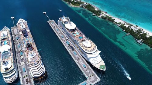 High angle view of ship moored in bay