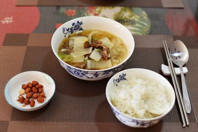 High angle view of food served on table