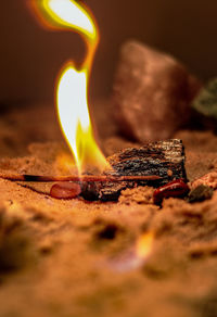Close-up of burning candles on wooden log